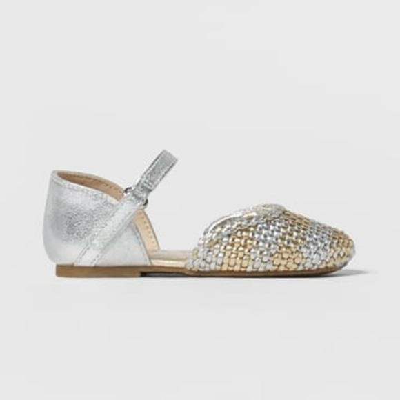 Zara silver and gold metallic flats with velcro strap in EUC and size 27 (11T). - Picture 2 of 2